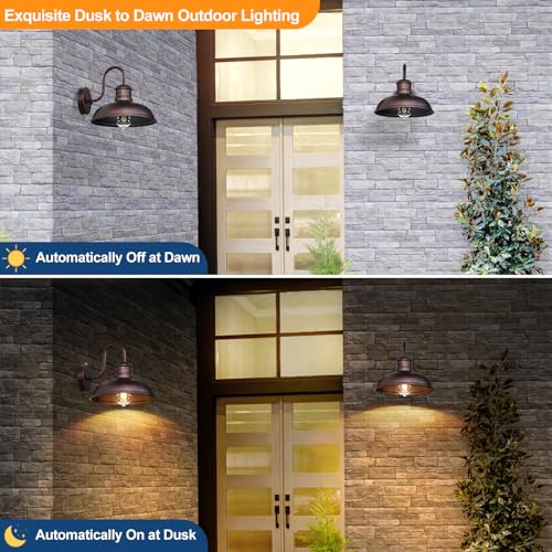 TOBUSA 2-Pack Dusk to Dawn Outdoor Wall Lights, Exterior Farmhouse Gooseneck Barn Light, Vintage Outside Wall Mount Light Fixture, Waterproof Outdoor Light for House Porch Garage, Distressed Brown - color: Distressed Brown, size: 10.5 inch