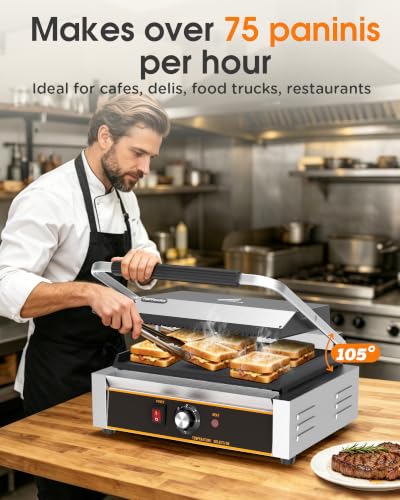 Commercial Panini Press - 2200W Electric Panini Sandwich Grill w/Nonstick Coating & Adjustable Temp, Panini Grill Press w/14"x9" Cooking Pan (Grooved Top & Flat Bottom), Double-sided Heating - style: 14"x9" Grooved top, flat bottom