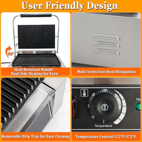 CTJ Commercial Panini Press Grill 2200W Sandwich Maker with Nonstick Plates
