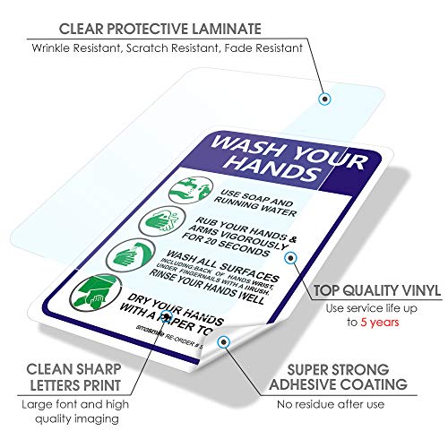 Please Wash Your Hands Sign Stickers, 8 Pack 7x10 Inch 4 Mil Self-Adhesive Vinyl, Weatherproof and UV Protected, Indoor & Outdoor, Employees Hand Washing Sign - size: 10x7 inches (Pack of 2)