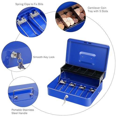 Cash Box with Lock Key and Money Tray, Large Money Box for Cash Register - color: Blue