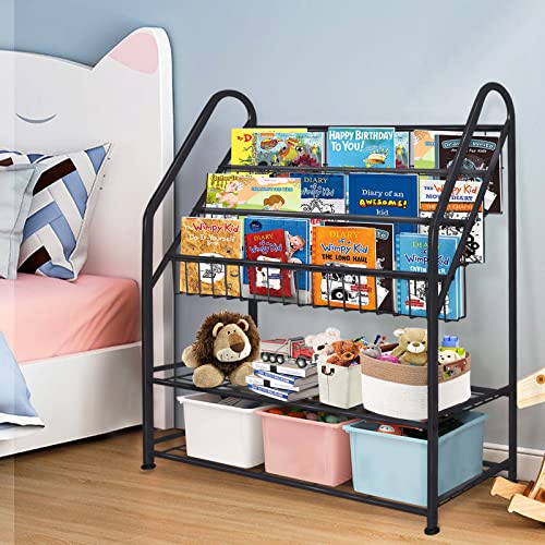 aboxoo Metal Kids Bookshelf Black Large Freestanding for Children Room 32 in Toy Organizer Large Stable Bookcase Bookstore Library Book Unit Storage Kids Bed Living Room - color: Black, size: Large