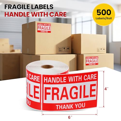 4 × 6 Inch Fragile Stickers Strong Adhesive Handle with Care Stickers Pre-Perforated Line Fragile Labels for Shipping Moving (500 PCS, 1 Roll) - size: 4" × 6", style: 1 Roll-500 PCS