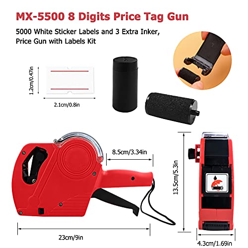 MX-5500 8 Digits Price Tag Gun with 5000 White Sticker Labels and 3 Extra Inker, Price Gun for Grocery Store Marking (Red) - color: Red