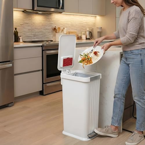 iTouchless 50 L / 13.2 Gal Slim Step Pedal Kitchen Trash Can | Odor Filter - color: Polar White