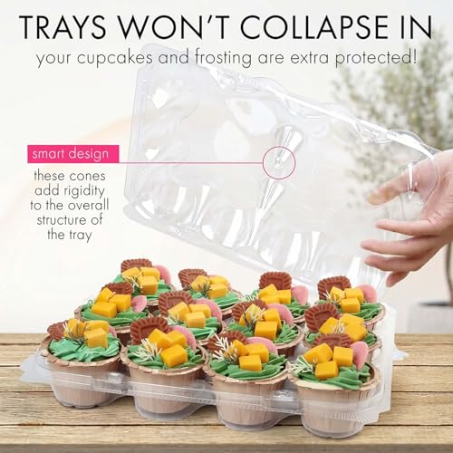 LotFancy (12 Count x 12 Sets) Cupcake Containers with 144 Liners, Thick Plastic Cupcake Boxes Holders, BPA Free, Disposable Cupcake Carrier with Detachable Tall Dome Lid - size: Standard (12 sets)