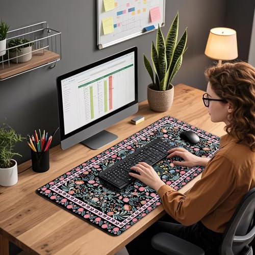 Black Floral Desk Mat Large Mouse Pad 31.5"x15.7" Non-Slip - color: Black Floral