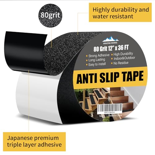 Grip Tape - Heavy Duty Anti Slip Tape, Grip Tape Grit Non Slip for Stairs Outdoor/Indoor, Waterproof High Traction Stairs Non Skid Tape, Durable Triple Layer Adhesive (12 Inch x 36 Feet) - size: 12 Inch x 36 Feet