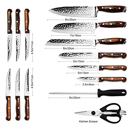 15 Pieces Kitchen Knife Set with Block and Sharpener - color: Wooden