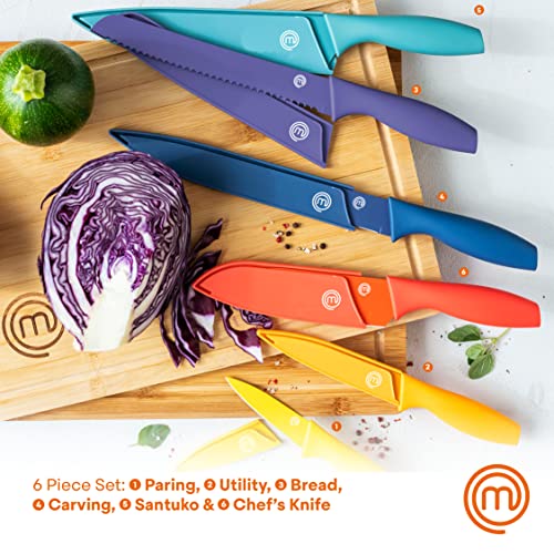 MasterChef Kitchen Knife Set with Covers incl. Paring, Boning, Carving, Bread, Santoku & Chef Knife, Sharp Cutting Stainless Steel Blades with Sheaths, 12 Piece (6 Colored Kitchen Knives & 6 Covers) - color: Vivid, style: Knives with Covers