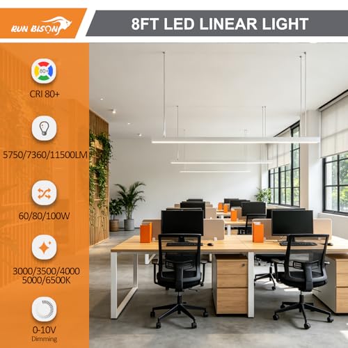 LED Linear Light 8FT, 60W/80W/100W Selectable Hanging Office Shop Light, Up to 11500LM,3000K-6500K Adjustable Architectural Linear Lighting Fixture, Dimmable Suspended Lighting - 1PK - color: White, size: 8FT-1PK