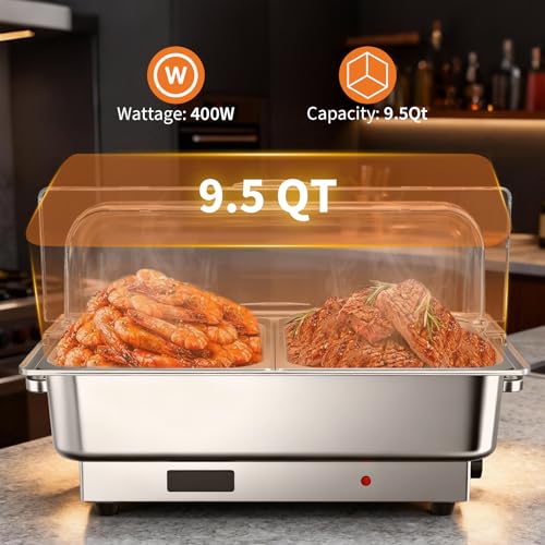 9 Qt Electric Chafing Dish Buffet Set, Stainless Steel Food Warmer with Roll Top Clear Lid, Adjustable Temperature Control, 1x1/1 and 2x2/1Size Pans, Commercial Buffet Server for Parties & Events - size: 1x1/1 and 2x2/1 Size Pan