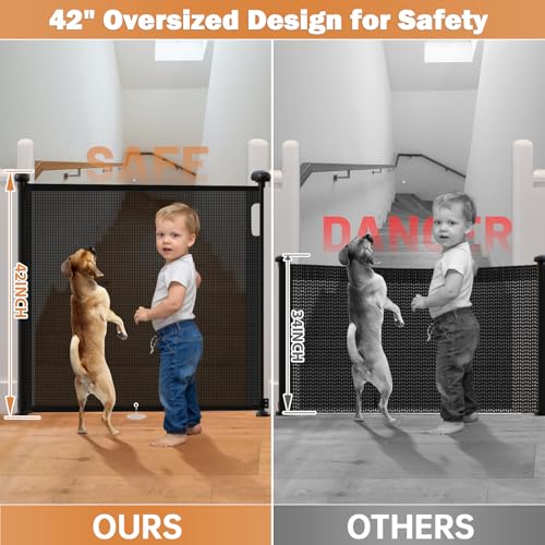 42" Extra Tall Retractable Baby Gates Dog Gate for Stairs, 55" Wide Mesh Baby Gate Pet Gate with Support Rods for The House, Child Safety Gates for Doorways, Hallways, Deck, Porch, Indoor, Outdoor - color: Black, size: 42" Tall x 55" Wide