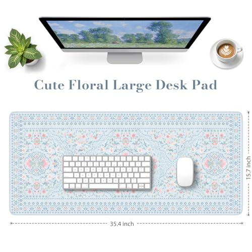 HAOCOO Floral Desk Mat, 35.4" x 15.7" Mouse Pad for Home Office School Blue - color: Pastel Blue, size: 35.4" x 15.7"