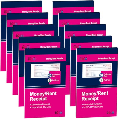10 Packs Money and Rent Receipt Book, 3-11/32" x 5-5/8" Rent Receipt Books, 2 Part Carbonless for Small Business, Receipt Pad with Consecutive Numbering & Wraparound Cover, 40 Sets per Book - size: 3-11/32" x 5-5/8"-10 PCS, style: Rent Receipt Book Style