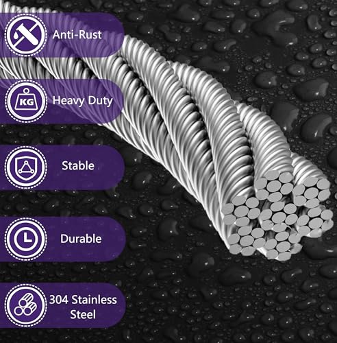 1/8 Inch Stainless Steel Cable 100FT - 7x7 Strand Aircraft Wire Rope with Loop Sleeve & Thimble - Heavy Duty for Deck Railing, String Light Hanging, Garden, Marine, DIY Projects - color: 100FT Steel Cable Kit