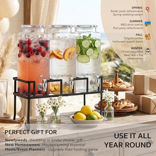 Circleware Triple XL Tall Yorkshire Beverage Drink Dispensers with Black Lids and Black Metal Stand, 2.3 L, Clear