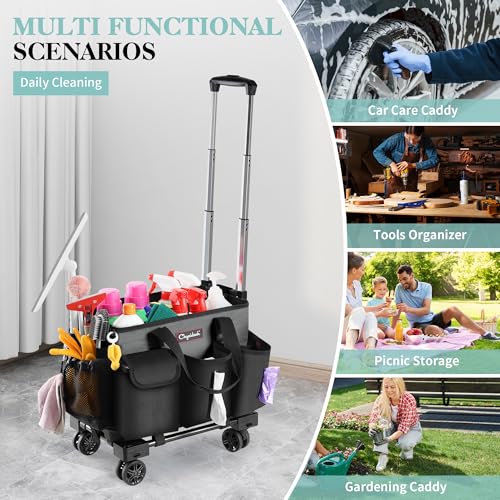 Chyaidach Rolling Cleaning Caddy, Cleaning Supplies Organizer with Trolley, Wearable Cleaning Tote Bag on Wheels with Hard Bottom, Cleaning Carts for Housekeepers/Home/Car/Office/Picnic (Grey) - color: Gray