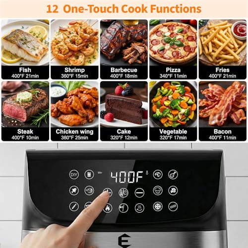 9.5Qt Large Air Fryer Oven, 12 Digital Preset Airfryer Toaster Oven Combo with Touchscreen, Non Toxic Stainless Steel Air Fryer with Viewing Window, XL Capacity Basket Style Airfryer for Family, Black - color: Onyx Black