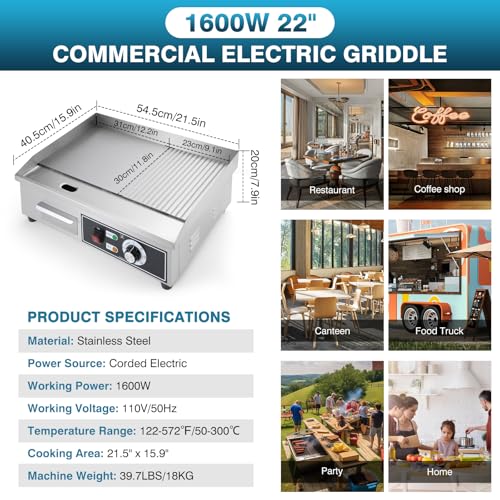 IRONWALLS Electric Griddle Nonstick 22 Inch, Stainless Steel Commercial Griddle for Indoor & Outdoor, 2-IN-1 Half Flat Top Griddle Grill for Restaurant & Home, 122℉-572℉ Adjustable Temperature - color: Silver, size: 22 Inch(Half Flat Half Grooved)