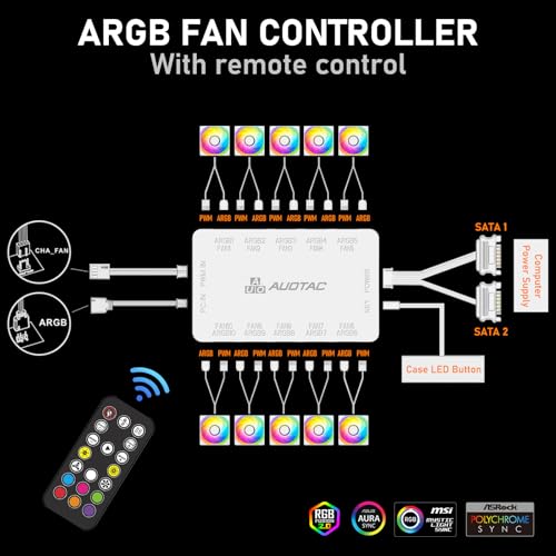 ARGB PWM Fan Hub with RF Remote Controller for PC Build, (Connect Ten Case Fans, 5V 3Pin ARGB & 12V 4Pin PWM Fan Connector, Stable Dual SATA Power Input, Magnetic Suction), Black - color: White