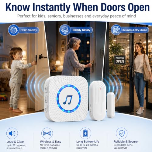 SanJie Door Chimes When Door Opens for Home - Door Alarm with Chime Adjustable Volume,5 Magnetic Door Sensors & 2 Plug-in Receivers - Door Open Chime - Indoor Range 500ft 2 Receivers + 5 Sensors - color: 5 Sensors + 2 Receivers White