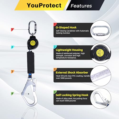 6FT Self Retracting Lifeline Fall Protection Retractable Lanyard, Fall Arrest Safety Yoyo for Construction Industrial - OSHA/ANSI Compliant (Large Hook) - color: Large Hook, size: 6FT