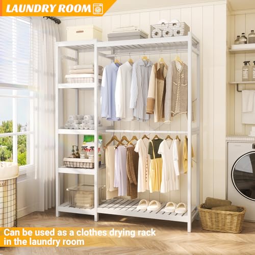 Homykic Bamboo Clothing Rack with 7 Adjustable Shelves, 2 Hang Rods, White - color: White, size: II Medium