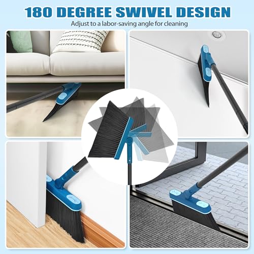 JEHONN Dustpan and Brush Set, 54 inches Long Handle Swivel Broom, Upright Foldable Dust Pan with Comb Teeth for Home Kitchen Lobby Indoor Floor Cleaning(Blue)