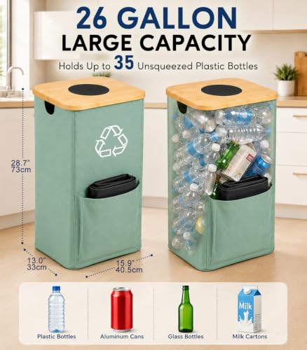 Recycling Bin for Kitchen with Bamboo Lid (Green) - color: Green