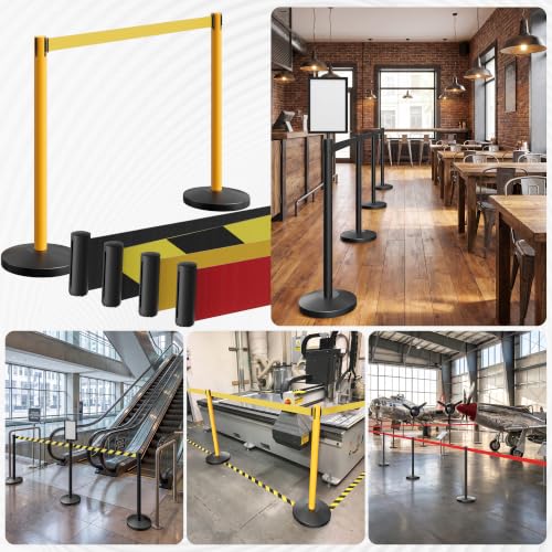 4-Pack Yellow Stainless Steel Crowd Control Stanchions, 9.8 ft Retractable Yellow Stripe Safety Belts with 1 Sign Holder(Yellow Belt) - color: Yellow stanchions w Yellow Belt, size: 4 pcs