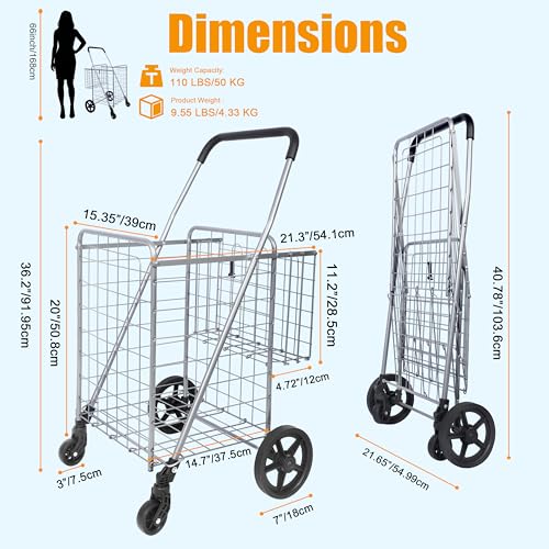 Whitmor Utility Folding Shopping Cart, 115L Heavy Duty Grocery Cart with Double Basket, 360° Swivel Wheels, Foldable Rolling Utility Trolley, 110 Lbs Capacity for Grocery, Laundry, Travel, Sliver - size: 21.29"L x 21.65"W x 36.2"H, Sliver
