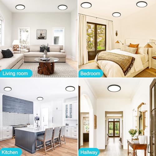 libtit 7 inch Flush Mount LED Ceiling Light Fixture, 3000K-6500K Adjustable, 15W 1500lm Black Satin Round Ceiling Lamp for Bathroom Hallway Kitchen Bedroom, 2 Pack - color: Black, size: 7in-2Pack