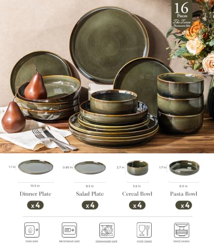 TheTerra Ceramic Dinnerware Set for 4, 16-Piece Plates and Bowls Set - color: Olive Green, size: Set (16pcs)