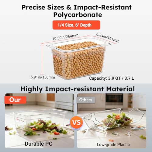 6-Pack 1/4 Size 6" Deep Polycarbonate Food Pans, NSF Commercial Clear Food Pan, Hotel Pan for Cold Food, Prep, Portion Control & Home Kitchen Use, Food-Grade with Erasable Markers & Label Area - color: 1/4 Size, size: 6" Deep
