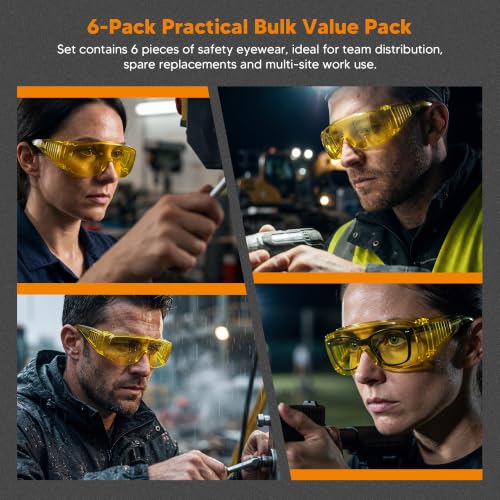 Amber Safety Glasses Over Eyeglasses 6 Pack ANSI Z87.1 Impact & Scratch Resistant, Wide Vision Fits Over Glasses Dust/Chemical Splash Proof Protective Eyewear for Work Construction Yellow Lens - color: 6 Pack/ Amber Glasses