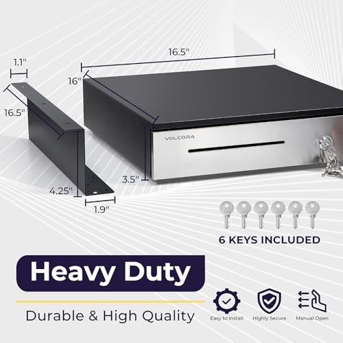 Manual Push Open Cash Register Drawer with Under Counter Mounting Metal Bracket - 16" Black/Stainless Steel Front Cash Drawer for POS, Partial Removable 5 Bill 8 Coin Tray, Key Lock, Media Slots - color: Black and Stainless Steel