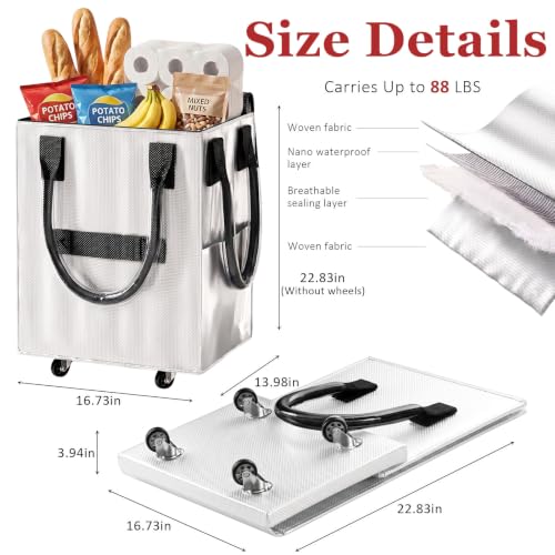 Reusable Grocery Bag on Wheel, Foldable Shopping Cart with Wheels, Can Carry up to 67 Pounds, Suitable for Groceries, Laundry, Camping and Moving. (Silver - Medium) - color: Silver - Medium