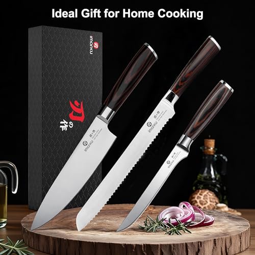 imarku 3 Piece Knife Set, Japanese High Carbon Stainless Steel Chef Knife - color: Pakkawood Brown
