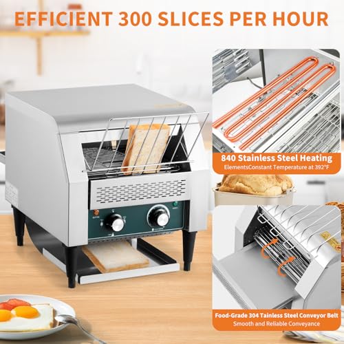 High-Capacity Commercial Conveyor Toaster, 1800w 110v for 300 Slices Per Hour, Stainless Steel Construction with 7 Browning Settings & Timer, Ideal for Restaurant, Bagel Shop, Bakery, Buffet
