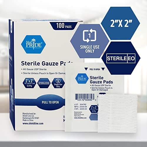 MED PRIDE Sterile Gauze Pads 2" x 2", 12-Ply Cotton, 100 Count - size: 2x2 Inch (Pack of 100)