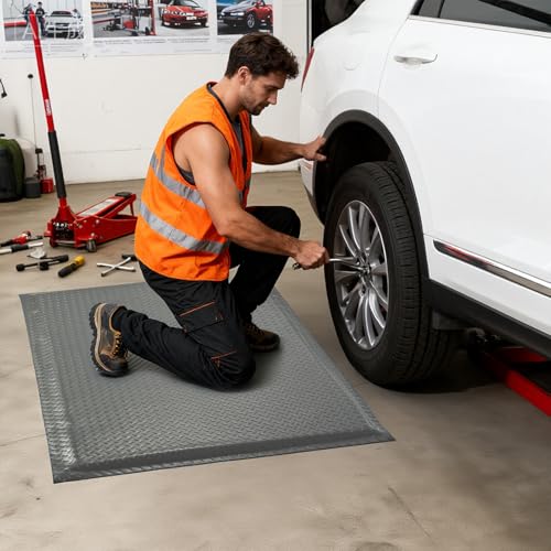 Anti Fatigue Mats Industrial 2' x 7' 15/16" Extra Thick Ergonomic Standing Mat Commercial Heavy Duty Diamond Plate Shop Floor Mat Helps Relieve Back and Leg Soreness, Grey - size: 2' x 7'