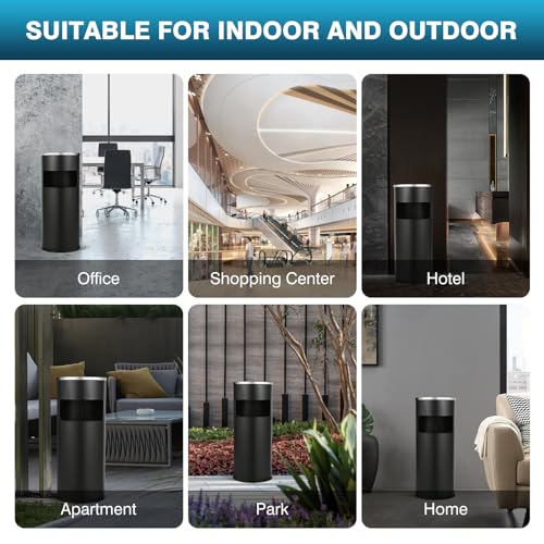 IRONWALLS Outdoor/Indoor Trash Can with Lid, Black Stainless Steel Garbage Can Waste Bin Receptacle Container, Commercial Trash Can Round with Removable Tray & Inner Bucket for Office, Patio, Home - color: Black (Flower grid tray)