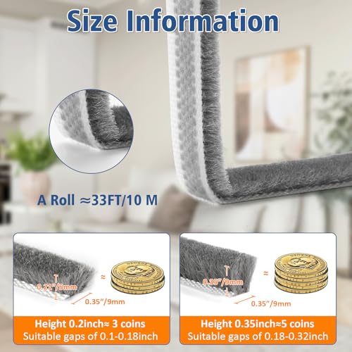33FT Self Adhesive Brush Door Weather Stripping & Soundproofing Seal – High-Density Gap Blocker for Noise, Drafts & Dust – Easy Install, Durable Door Bottom & Window Insulation Strip(0.21"x 0.35") - size: 0.35" Wide x 0.2" Thick