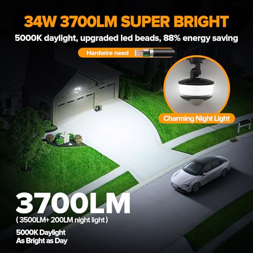 LUTEC 34W 3700 Lumen LED Security Light Motion Sensor Outdoor Lights with Night Light, 5000K Daylight, IP65 Waterproof, Dusk to Dawn, Hardwired Motion Detector Flood Light for Garage, Yard-Black - color: Black, size: 1 Pcs