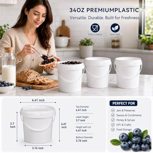 4 Pack 34 oz White Plastic Buckets with Lids and Handles, Small 1 Quart Storage Pails for Food, Paint, Ice and Crafts - color: White, size: 34 Oz