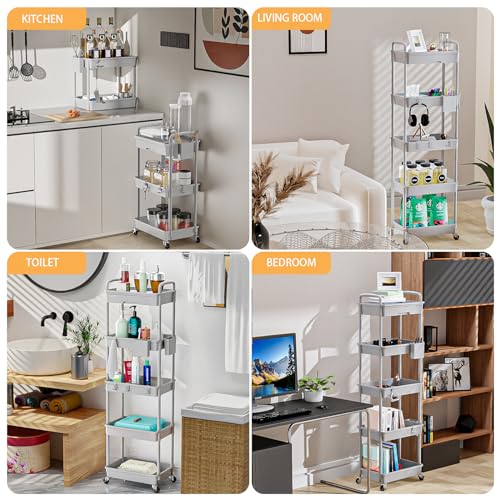 5 Tier Rolling Utility Cart with Drawer,REBECAT Utility Cart Made of Multifunctional Storage Organizer Tool for Kitchen,Bathroom,Living Room,Office(Gray) - color: Gery