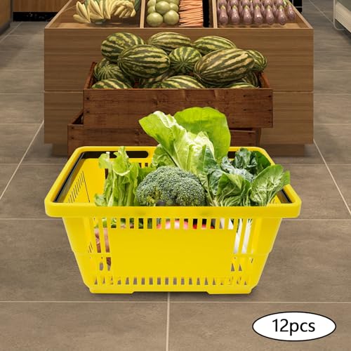 12Pcs Shopping Baskets, Plastic Shopping Baskets with Handles, 28L/7.4Gal Capacity Store Baskets Retail Baskets Grocery Baskets for Market, 18.9 x 13 x 10.2 Inches