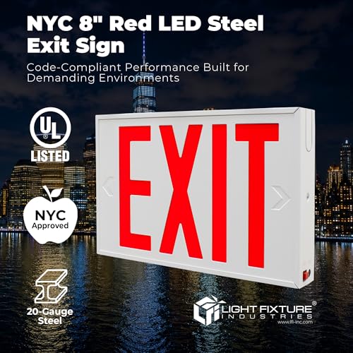 LFI Lights | NYC Approved Red Exit Sign | White Steel Housing | All LED | 8" Lettering | Hardwired with Battery Backup | UL Listed | NYCS-R