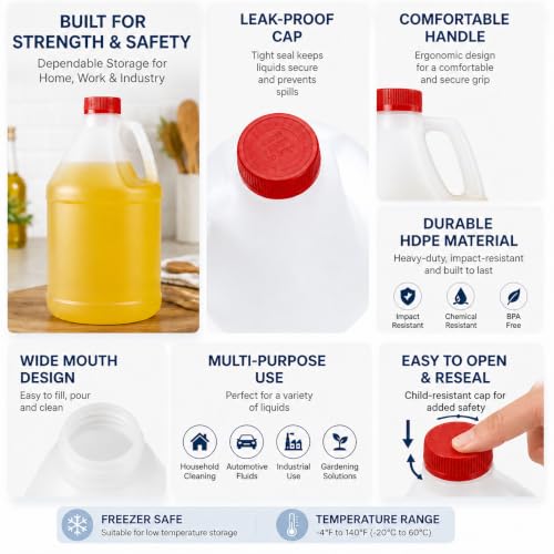 ASEVAT 1 gallon Plastic Jugs with Handle & Red Caps, Multipurpose Large Storage Containers for Oil, Water and Household Liquids, 2‑Pack for Household Kitchen Use - size: 1.1 gallon